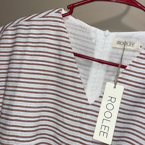 NWT Roolee Women’s Dk Red Striped Linen Jumpsuit M Minimalist Staple Essential - Picture 2 of 11